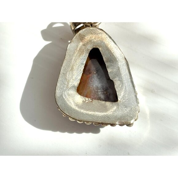 Botswana Agate Triangular Sterling Silver 925 Bead Framed Vintage Pendant - Picture 6 of 10